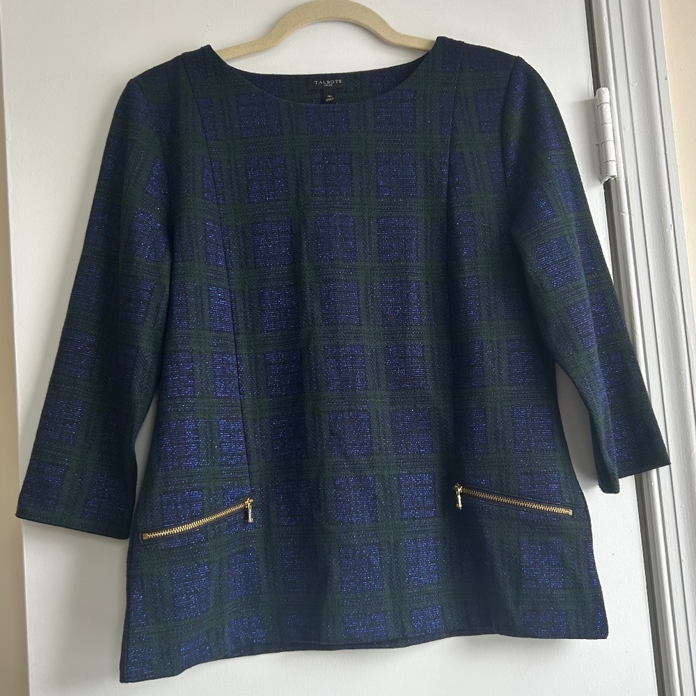 Talbots 3/4 Sleeve Blue and Green Plaid Metallic Blouse Sz MP Holiday Winter
